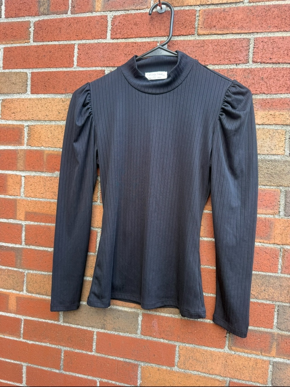 Full Circle Trends Black Ribbed Puff Sleeve Mock Neck Top Small